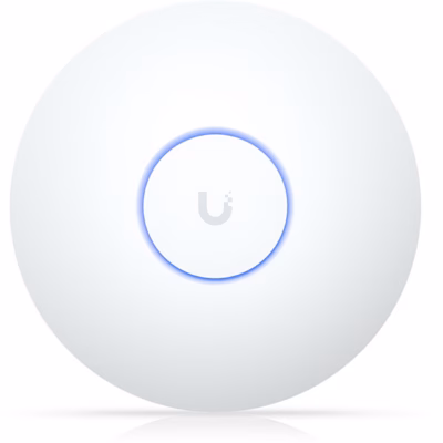 WiFi-pääsupunkt Ubiquiti UniFi U7-LR valges korpuses eestvaates sinise valgusrõngaga