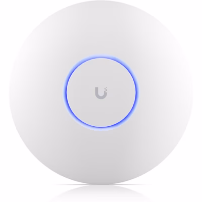 WiFi-pääsupunkt Ubiquiti UniFi U7-Pro valges korpuses eestvaates sinise valgusrõngaga