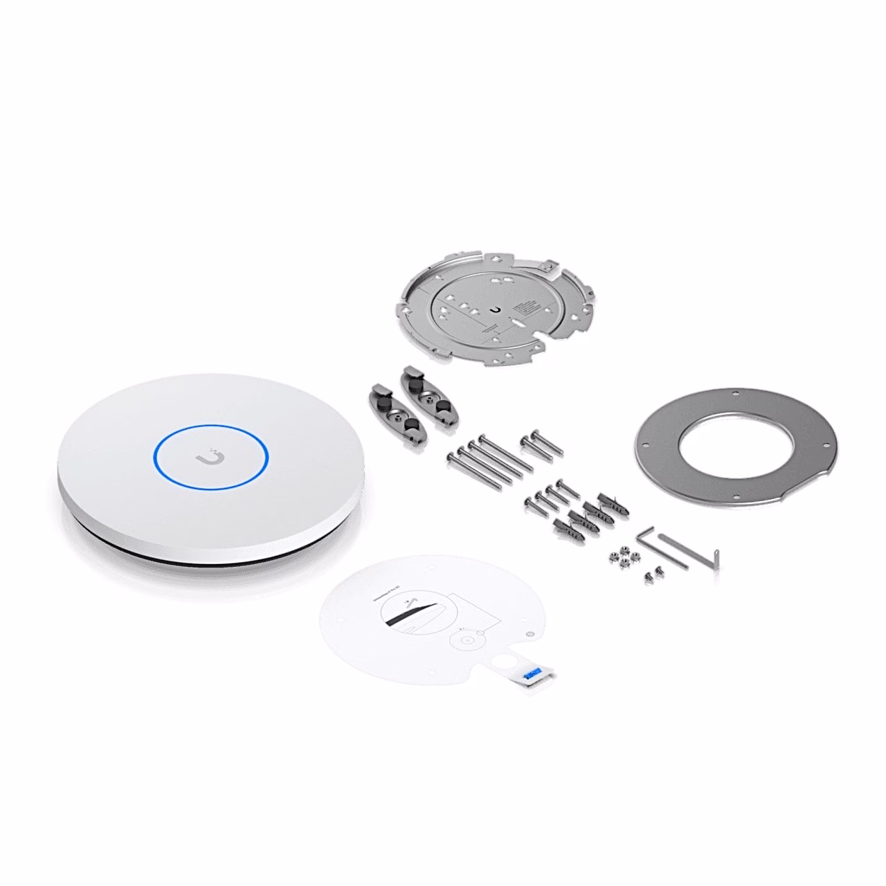 Ubiquiti UniFi U7-Pro-XG pääsupunkt koos kinnitusplaadi, klambrite, kruvide ja šablooniga