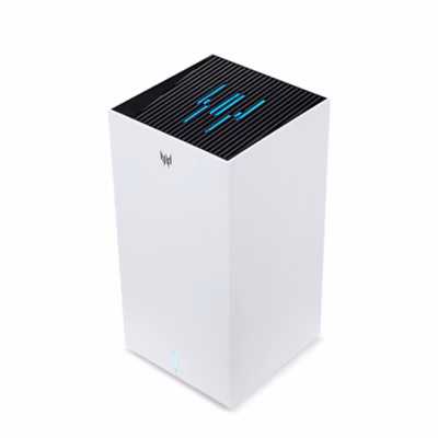 Valge WiFi-ruuter Acer Predator Connect T7 nurga alt, ülal helesinised valgusribad