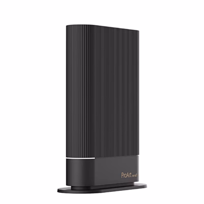 Must WiFi-ruuter ASUS ProArt PRT-BE5000 alusel, eestvaade valge valgusribaga