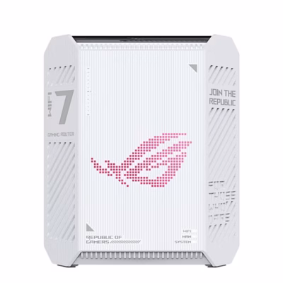 WiFi-ruuter ASUS ROG Strix GS-BE7200 valge esikülg roosa ROG-logoga