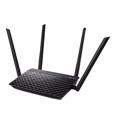 WiFi-ruuter ASUS RT-AC1200 v.2 viltu vasakult, neli välist antenni üleval
