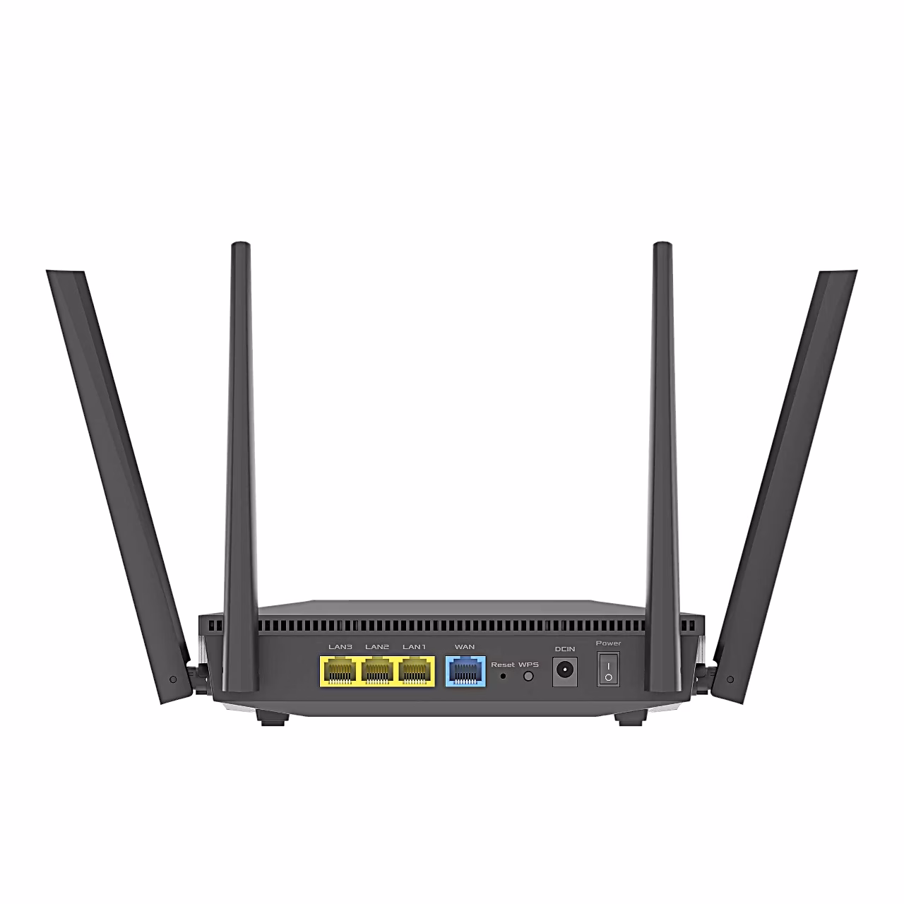 ASUS RT-AX52 Pro tagakülg kolme kollase LAN-pordi ja sinise pordiga