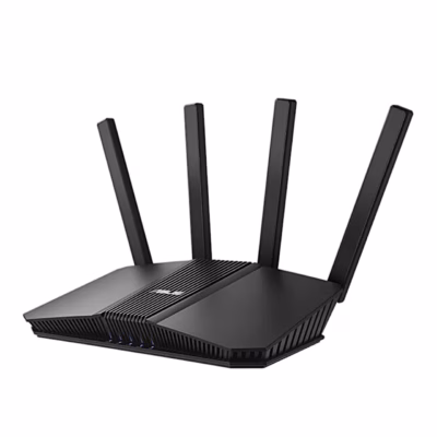 Must WiFi-ruuter ASUS RT-BE59 nelja välise antenniga viltu eestvaates
