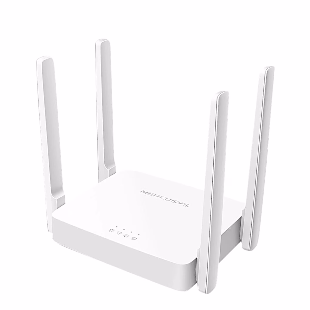 Mercusys AC10 ruuter küljelt nurga alt, esipaneelil märgutuled