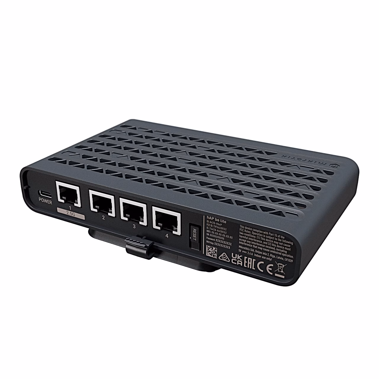 MikroTik hAP be lite lapiti, neli Etherneti porti ja USB-C-pesa