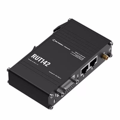 WiFi-ruuter Teltonika RUT142 viltu eestvaates, näha RS232-pistik ja kaks Ethernet-porti