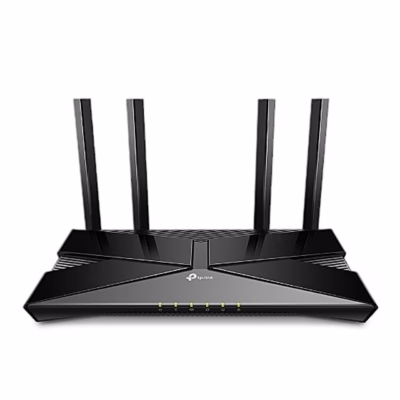 Must WiFi-ruuter TP-Link Archer AX23 nelja püstise antenniga eestvaates