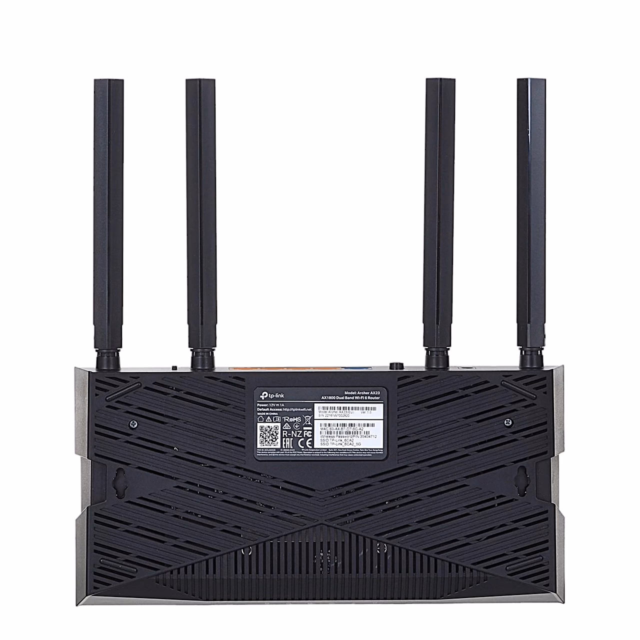 TP-Link Archer AX23 ruuteri põhi seinakinnitusavade ja andmesildiga