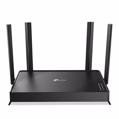 TP-Link Archer BE220 ruuteri esikülg ja märgutuled viltu vaadates