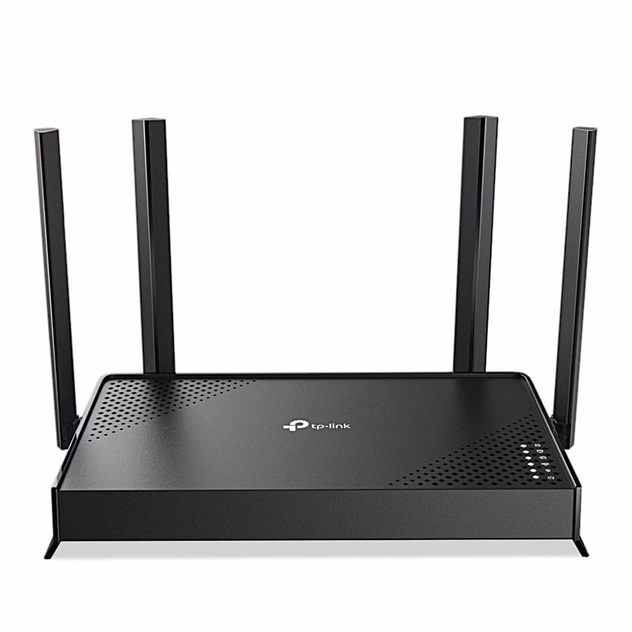 TP-Link Archer BE220 ruuteri esikülg ja märgutuled viltu vaadates
