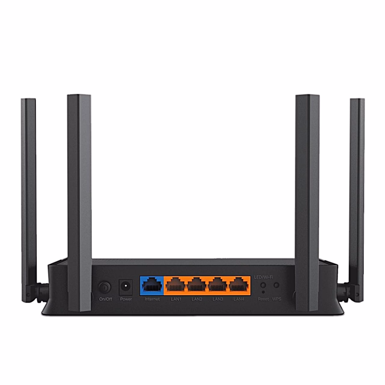 TP-Link Archer BE220 tagakülg sinise WAN-pordi ja nelja oranži LAN-pordiga