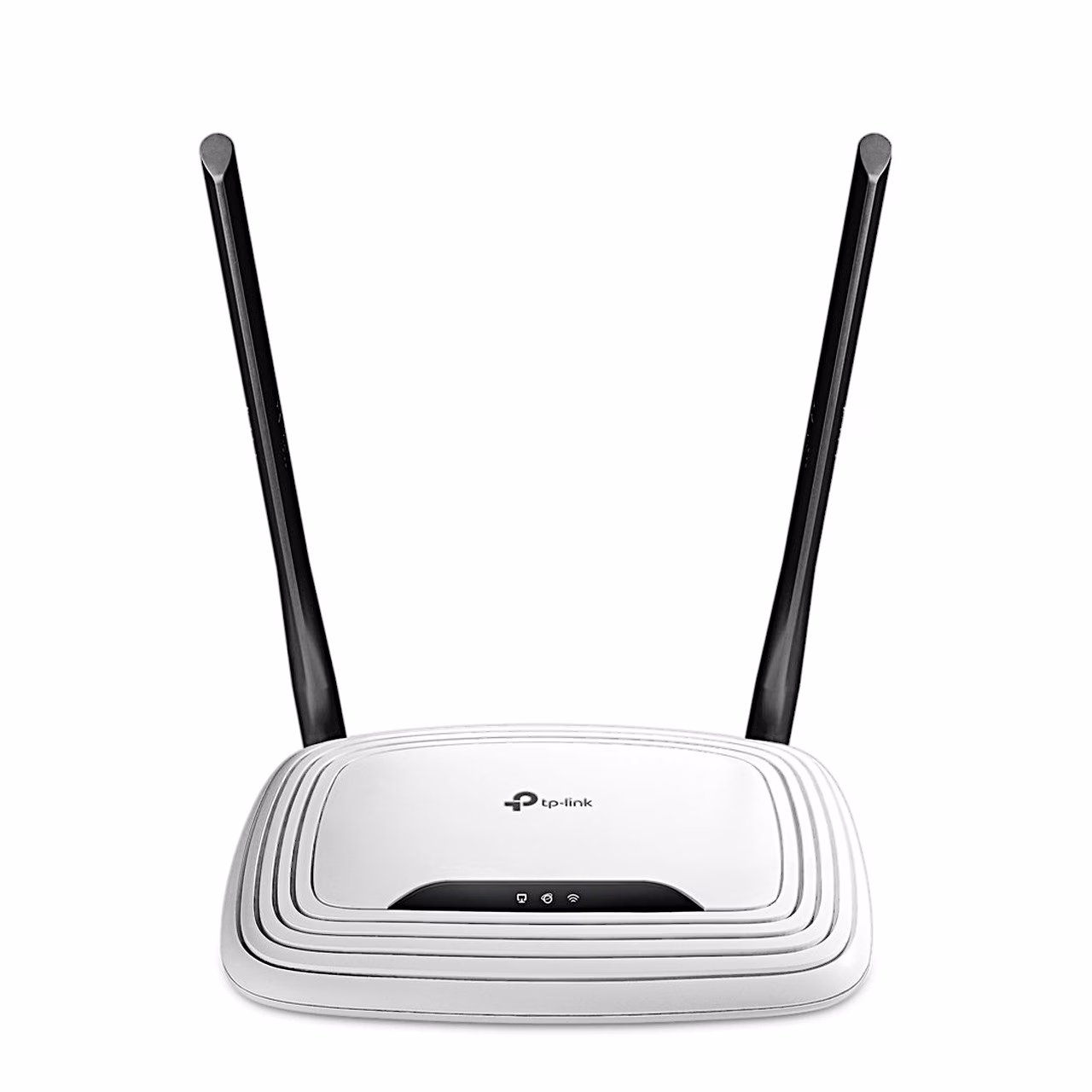 WiFi-ruuter TP-Link TL-WR841N eestvaates, valge korpus ja kaks musta antenni