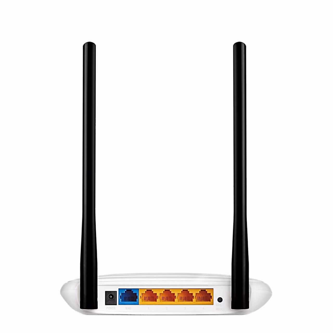 TP-Link TL-WR841N tagapaneel sinise WAN-pordi ja nelja kollase LAN-pordiga