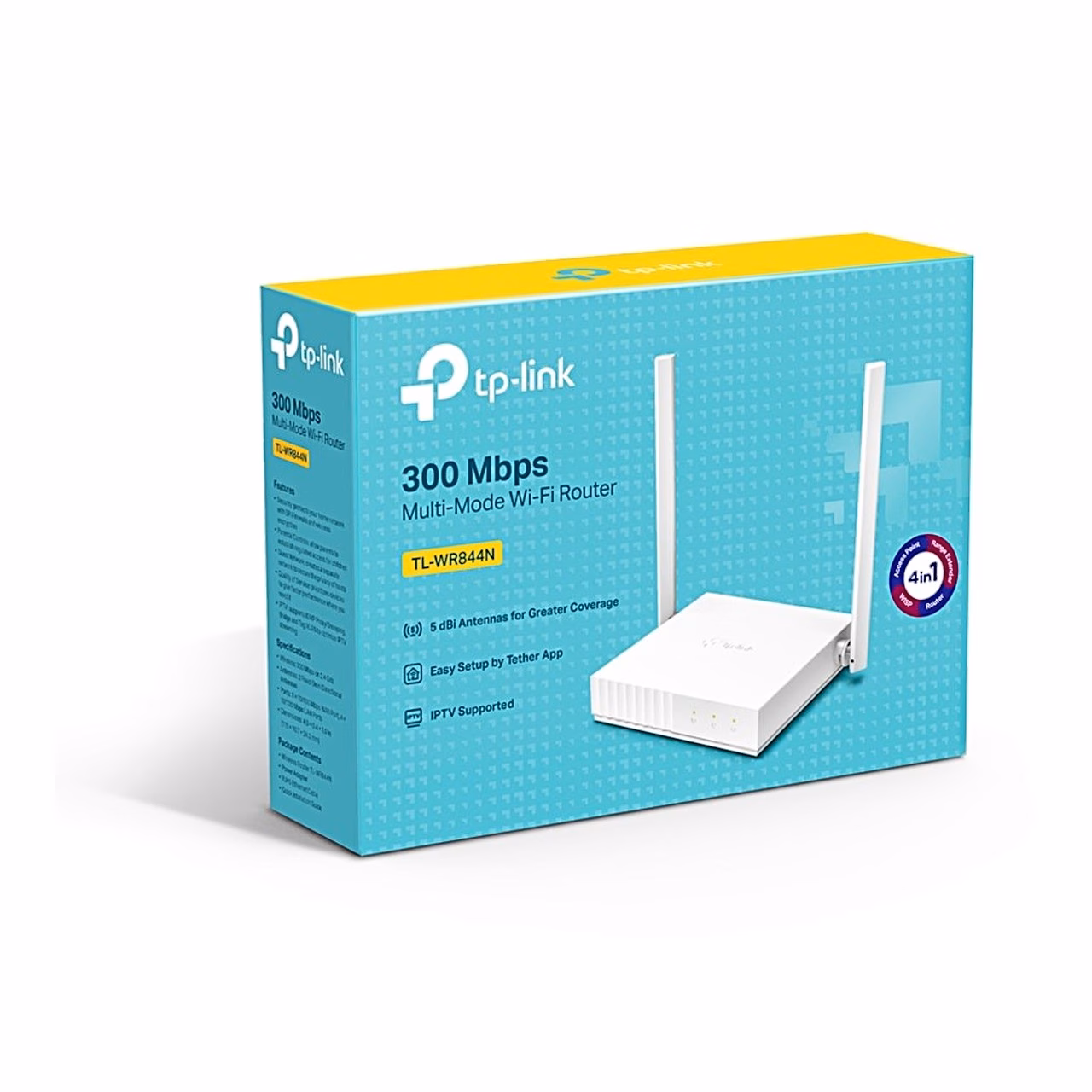 TP-Link TL-WR844N ruuteri müügikarp, mille kõrval on valge ruuter