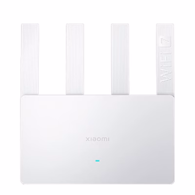 Valge WiFi-ruuter Xiaomi BE3600 eestvaates nelja antenniga