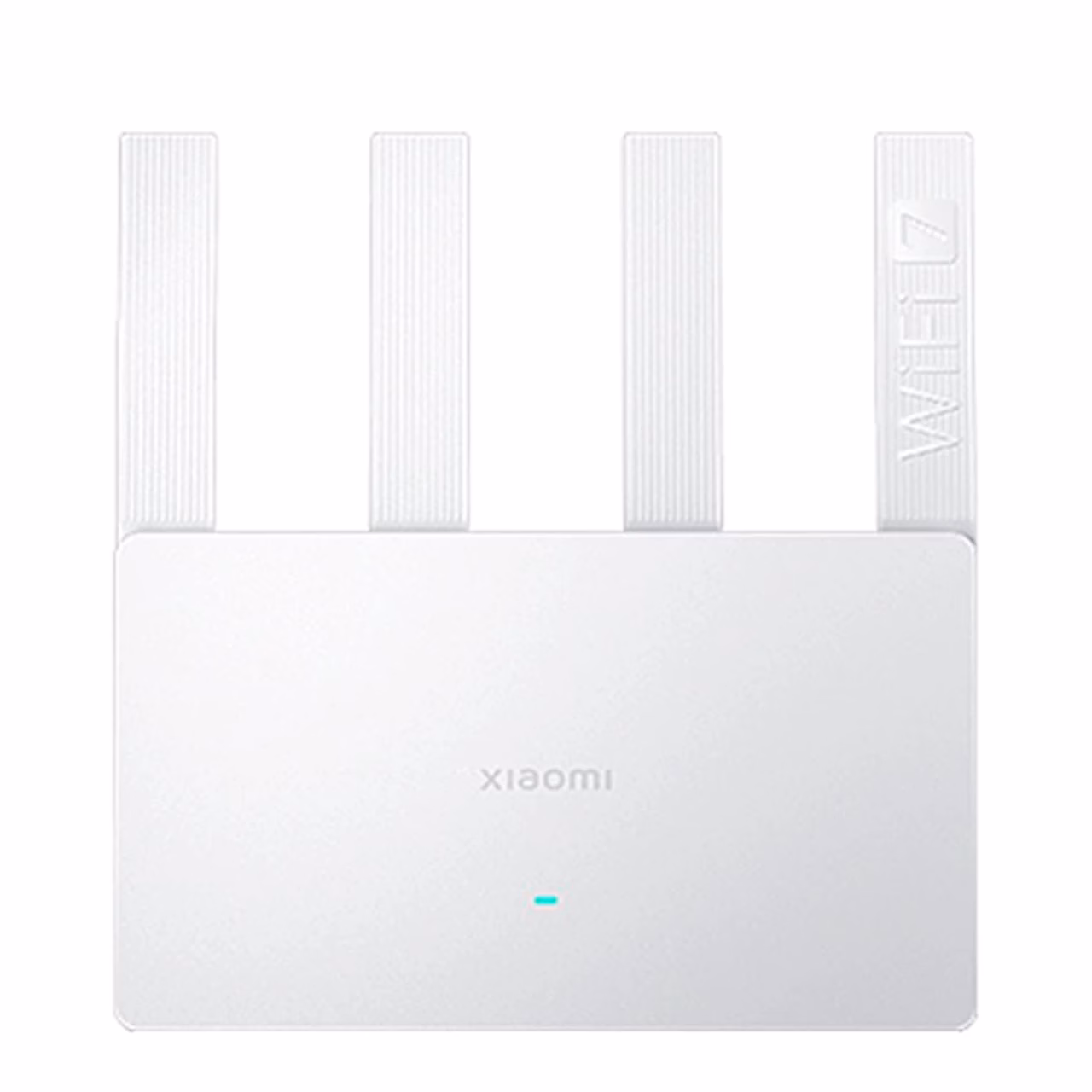 Valge WiFi-ruuter Xiaomi BE3600 eestvaates nelja antenniga