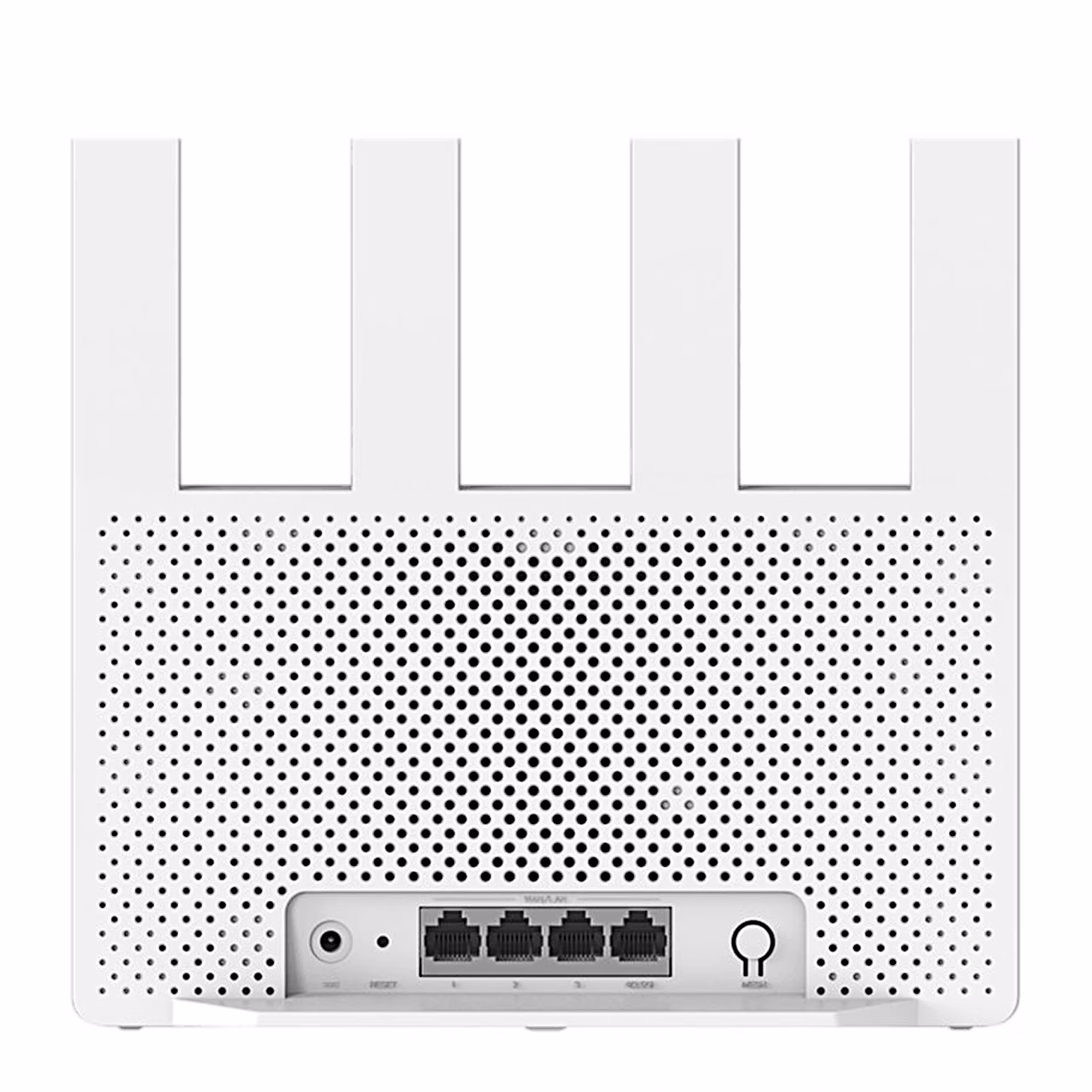 Xiaomi BE3600 ruuteri tagakülg nelja Etherneti pordi ja toitepesaga