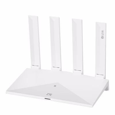 Valge WiFi-ruuter ZTE T3000 nelja püstise antenniga nurga alt