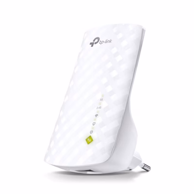 Valge WiFi-võimendi TP-Link RE200 kolmveerandvaates, roheline WPS-nupp