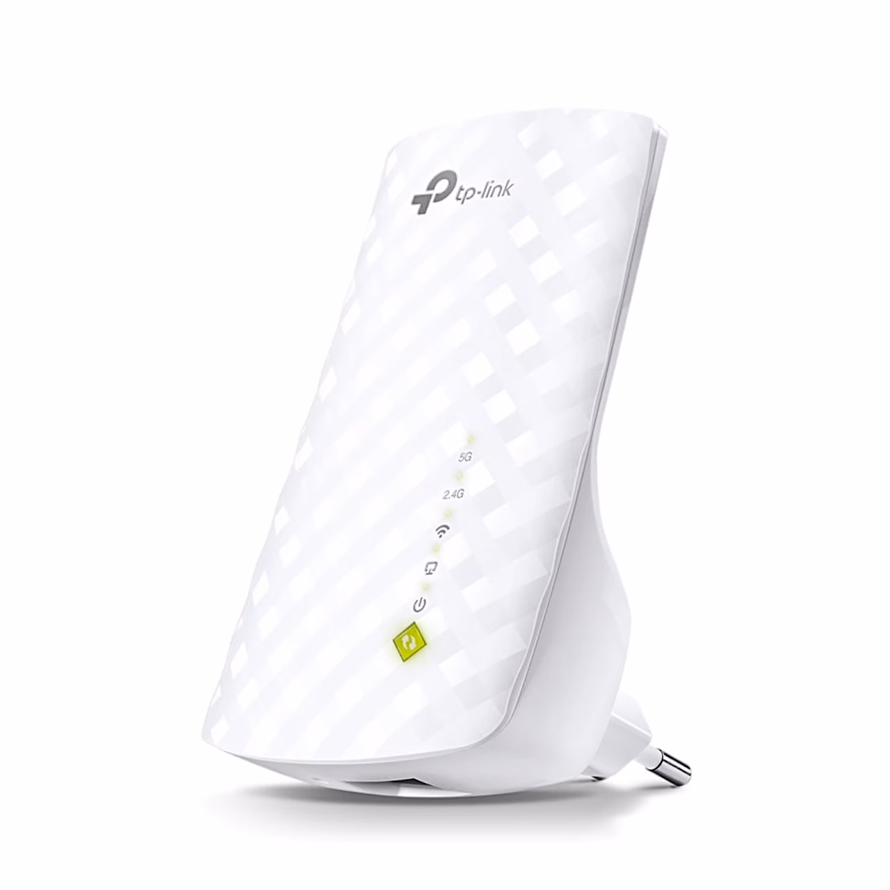 Valge WiFi-võimendi TP-Link RE200 kolmveerandvaates, roheline WPS-nupp