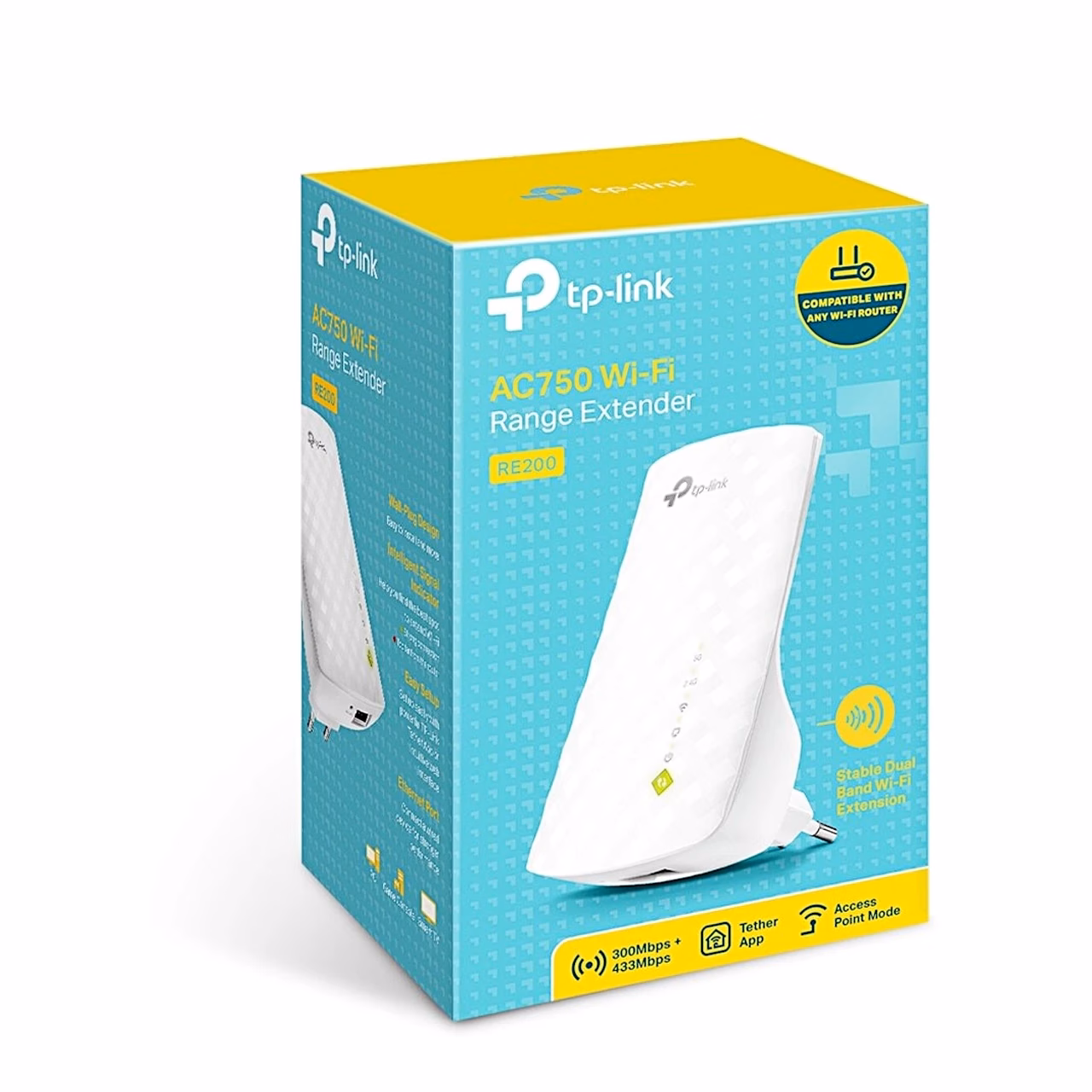 TP-Link RE200 AC750 WiFi-võimendi pakend kollase-türkiissinise kujundusega
